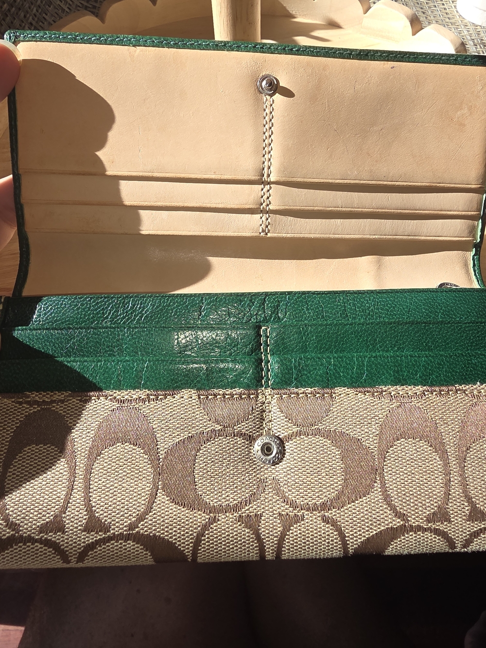 Coach Signature Canvas Bifold Long Wallet in Khaki with Teal & Green Suede - Picture 4 of 11
